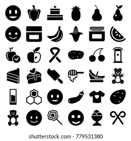 Sweet icons. set of 36 editable filled sweet icons such as potato, corn, honey, teddy bear, apple, cream, cherry, smile, smiling emot, ice cream ball, lollipop, pear