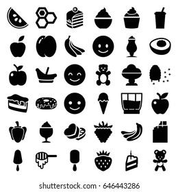 Sweet icons set. set of 36 sweet filled icons such as peach, banana, honey, teddy bear, baby basket, smiling emot, piece of cake, ice cream on stick, donut, milkshake, muffin