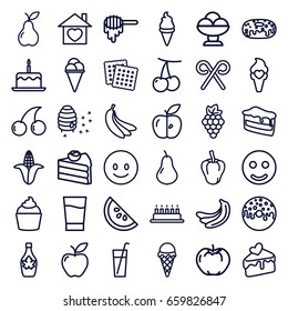 Sweet icons set. set of 36 sweet outline icons such as pear, cherry, grape, banana, pepper, apple, corn, honey, cake with one candle, cookies, cherry, piece of cake, ice cream
