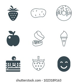 Sweet icons. set of 9 editable filled and outline sweet icons such as apple, potato, smiling emot, strawberry, cake, donut, ice cream