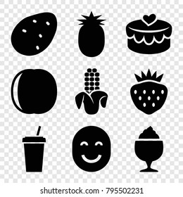 Sweet icons. set of 9 editable filled sweet icons such as potato, milkshake, strawberry, heart lock, pineapple, peach, corn, drink