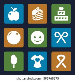 sweet icons set. Set of 9 sweet filled icons such as orange, smiling emoticon, piece of cake, t-shirt with heart, candy cane, ribbon, apple, ice cream 