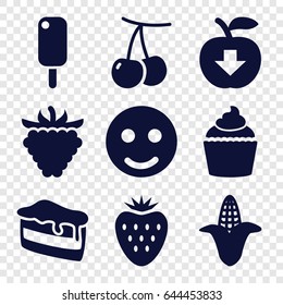 Sweet icons set. set of 9 sweet filled icons such as cherry, corn, piece of cake, muffin, raspberry, strawberry, apple download, smile