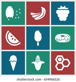 Sweet icons set. set of 9 sweet filled icons such as mulberry, banana, corn, honey, donut, honeycomb, watermelon