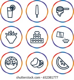 Sweet icons set. set of 9 sweet outline icons such as honey, ice cream on stick, donut, raspberry, cereal, sweet box, cocktail, watermelon