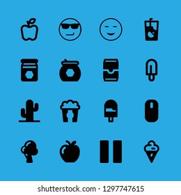 sweet icons set with apple, smirking emoticon face with sunglasses and tree shape vector set