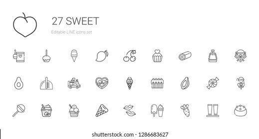 sweet icons set. Collection of sweet with carrot, ice cream, kiss, lollipop, papaya, cake, chocolate box, ice cream truck, comb, banana, cupcake. Editable and scalable sweet icons.
