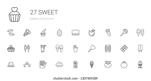 sweet icons set. Collection of sweet with coconut, ice cream, cookies, pie, chocolate, love birds, gelatine, lollipop, syrup, carrot, candy machine. Editable and scalable sweet icons.
