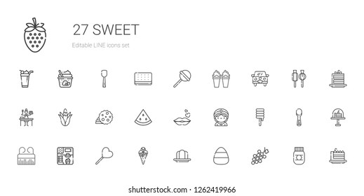 sweet icons set. Collection of sweet with grape, candy, gelatine, ice cream, lollipop, comb, seer, kiss, watermelon, cookie, corn, sauce, wedding car. Editable and scalable sweet icons.