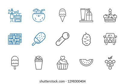 sweet icons set. Collection of sweet with grape, watermelon, cupcake, milkshake, ice cream, wedding car, berry, scoop, chocolate, cake, cream. Editable and scalable sweet icons.