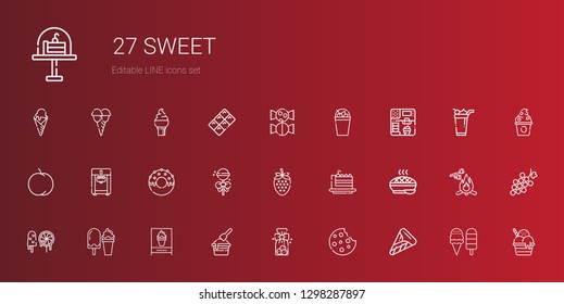 sweet icons set. Collection of sweet with ice cream, cookie, cookies, sweets, pie, cake slice, strawberry, lollipop, donut, ice cream machine. Editable and scalable sweet icons.