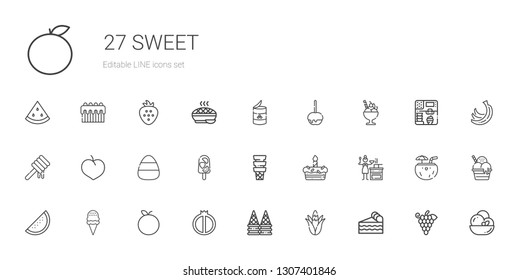 sweet icons set. Collection of sweet with piece of cake, corn, ice cream, watermelon, tangerine, sauce, cake, popsicle, candy, plum, honey. Editable and scalable sweet icons.
