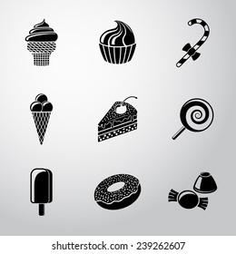 Sweet icons set with - cupcake, donut, cake, ice creams, christmas candy, lollipop, candies. Vector