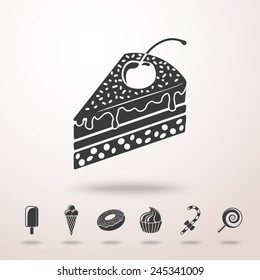 Sweet icons set with - cupcake, donut, cake, ice creams, christmas candy, lollipop. Vector