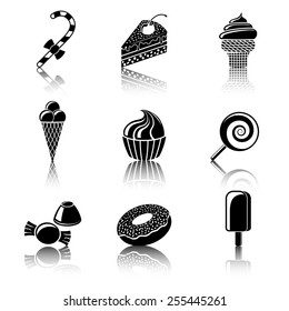 Sweet icons set with reflections  - cupcake, donut, cake, ice creams, christmas candy, lollipop, candies. Vector