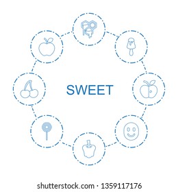 sweet icons. Trendy 8 sweet icons. Contain icons such as honey, pepper, ice cream on stick, apple, smiling emot, lollipop, cherry. sweet icon for web and mobile.