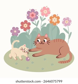 Sweet illustration of a cat playing with a kitten in a spring garden with colorful flowers. Adorable animal clipart, perfect for nursery design, greeting cards, and children's projects.