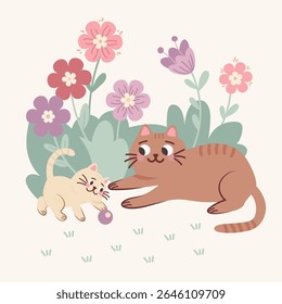 Sweet illustration of a cat playing with a kitten in a spring garden with colorful flowers. Adorable animal clipart, perfect for nursery design, greeting cards, and children's projects.