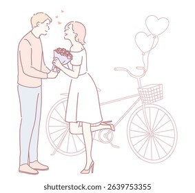 A sweet illustration of a couple exchanging flowers by a charming bicycle, ideal for romantic media