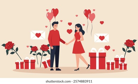 A sweet illustration of a couple exchanging love and affection amidst a romantic scene filled with roses, gift boxes, heart-shaped balloons, and love letters. This image captures the essence of Valent