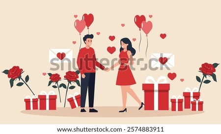 A sweet illustration of a couple exchanging love and affection amidst a romantic scene filled with roses, gift boxes, heart-shaped balloons, and love letters. This image captures the essence of Valent