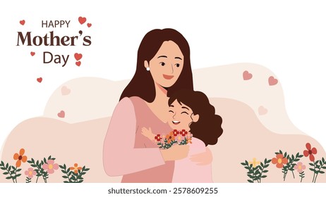 Sweet illustration for Mother's Day featuring a mother hugging her daughter while holding a bouquet of flowers, symbolizing the unconditional love and close bond they share