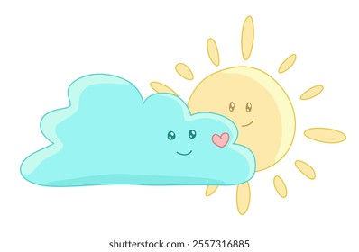 A sweet illustration of a smiling sun and cloud, perfect for children’s books, greeting cards, or any design needing a cheerful weather-themed character