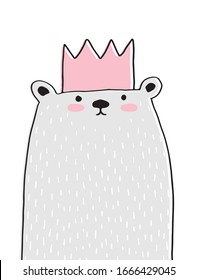 Sweet Infantile Style Nursery Art with Funny Big Bear Wearing Pink Crown.Cute Baby Shower Vector Illustration for Card, Invitation, Wall Art, Baby Girl Party.Teddy Bear Isolated on a White Background.