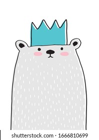 Sweet Infantile Style Nursery Art with Funny Big Bear Wearing Blue Crown.Cute Baby Shower Vector Illustration for Card, Invitation, Wall Art, Baby BoyParty.Teddy Bear Isolated on a White Background.