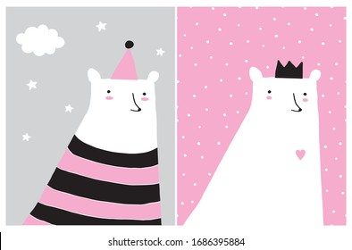 Sweet Infantile Style Nursery Art with Funny Polar Bear Wearing Black-Pink Striped Jumper.Cute Baby Shower Vector Illustration for Card, Invitation, Wall Art, Baby Girl Party Decoration. Bear Queen.