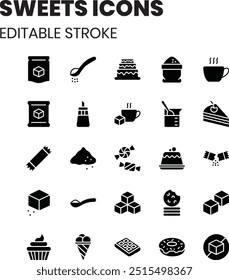 Sweet ingredients - 25 glyph vector icons