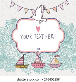 Sweet invitation on marine theme in vector. Boats and seagull in vintage style background in popular pastel colors