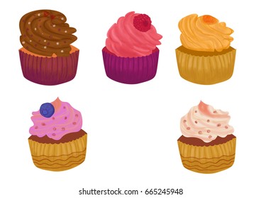 Sweet isolated cupcakes. Set of vector cupcakes with berry