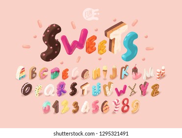 Sweet Isometric Alphabet. Numbers And Letters. Isometric Font For WebSites. Childhood Sweet Alphabet. 3D Font. Happy Birthday Party. Celebration. Realism. Cookie Cake Donut Biscuit Candy Pie