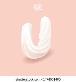 Sweet Isometric Letter U. Creamy Font. 
Realistic Dessert. Children's Birthday Letter. Big Marshmallow On A Pink Background. Isometric Alphabet Set. ABC. Whipped Cream