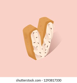 Sweet Isometric Letter V. Creamy Glaze On Biscuit Pie. Chocolate Shavings. Isometric Fonts For WebSites. Whipped Cream. Childhood Sweet Alphabet. 3D Font. Happy Birthday Party. Celebration