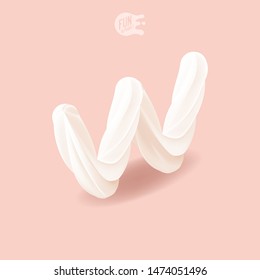 Sweet Isometric Letter W. Creamy Font. 
Realistic Dessert. Children's Birthday Letter. Big Marshmallow On A Pink Background. Isometric Alphabet Set. ABC. Whipped Cream