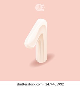 Sweet Isometric Number One. Creamy Font. Realistic Dessert. Children's Birthday Letter. Big Marshmallow On A Pink Background. Isometric Alphabet Set. ABC. Whipped Cream