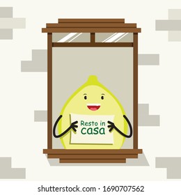 SWEET ITALIAN LEMON WITH POSTER IN HAND. TRANSLATE: I STAY AT HOME. Cartoon Charcater Design