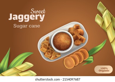 Sweet jaggery realistic composition with top view of plate with brown sugar powder and blocks on color background vector illustration