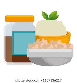 sweet jam bottle with rice and vegetables