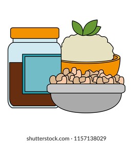sweet jam bottle with rice and vegetables