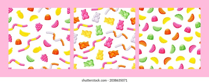 Sweet Jelly Candies, Gummy Bears, Worms, Fruits. A Set Of Seamless Patterns. A Children Treat. Vector Illustration Of A Cartoon