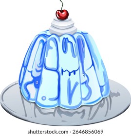 A sweet jelly dessert topped with whipped cream and a cherry, elegantly served on a silver plate, perfect for food and dessert imagery