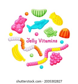  Sweet jelly vitamins candy set on a white isolated background. Fish, bear, pineapple, worm various shapes. Healthy sweets. Vector cartoon illustration