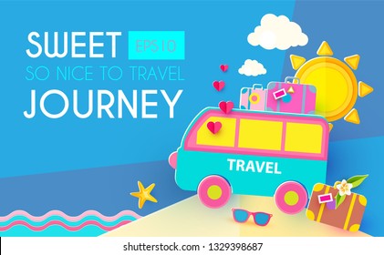 Sweet Journey. Vacation and Travel Design Template. Papercraft. Vector illustration