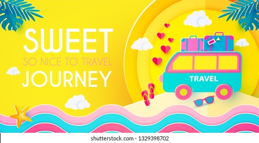 Sweet Journey. Vacation and Travel Design Template. Papercraft. Vector illustration