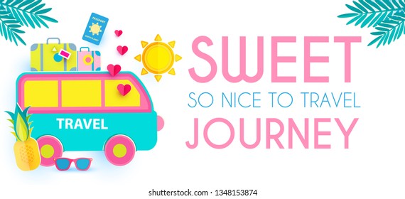 Sweet Journey. Vacation and Travel Design Template. Papercraft. Vector illustration