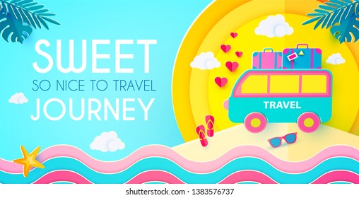 Sweet Journey. Vacation and Travel Design Template. Papercraft. Vector illustration