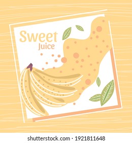 sweet juice fruits banana splash and leaves card vector illustration